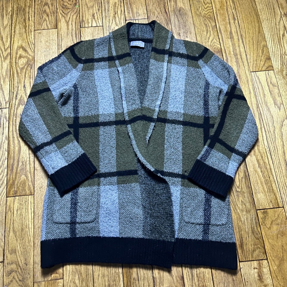 Cyrus Womens Plaid Open Front Cardigan Sweater Olive Green Grey Black Size M
